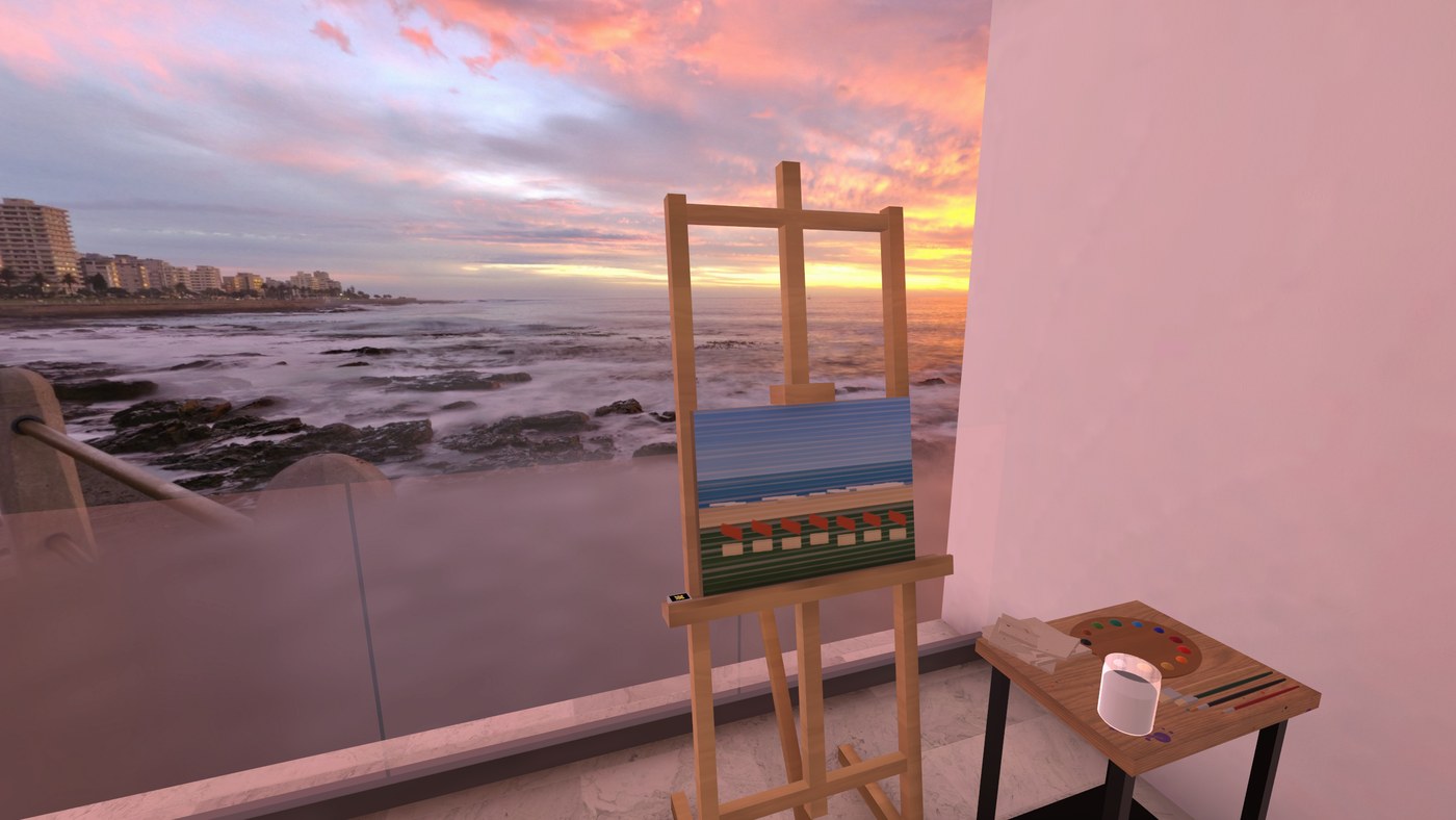 The balcony easel against a sunset over the sea