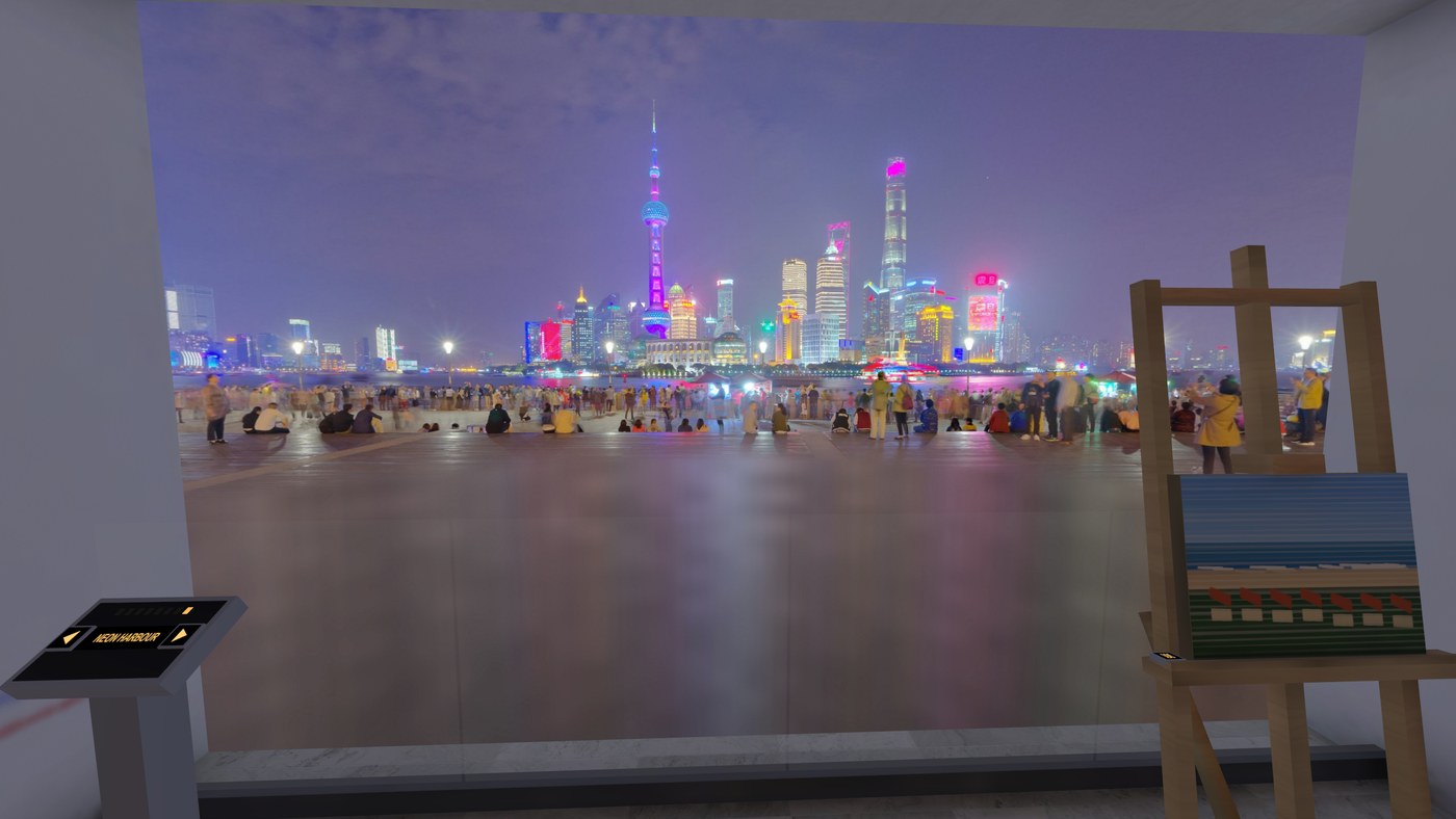 The same balcony on the neon harbour view at night