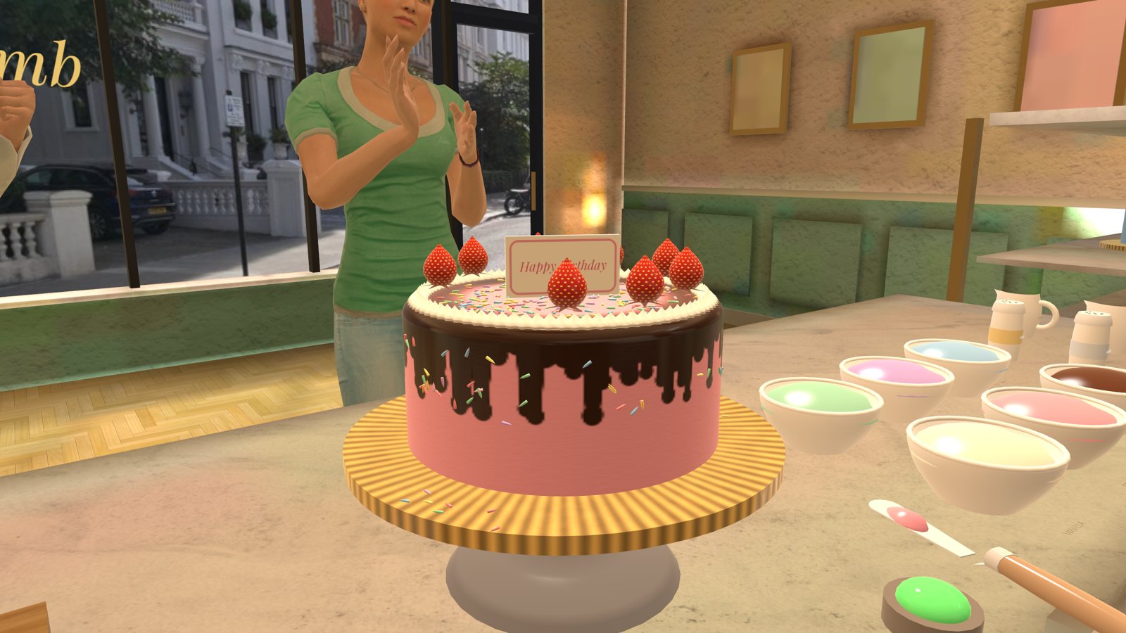 A finished drip cake with strawberries
