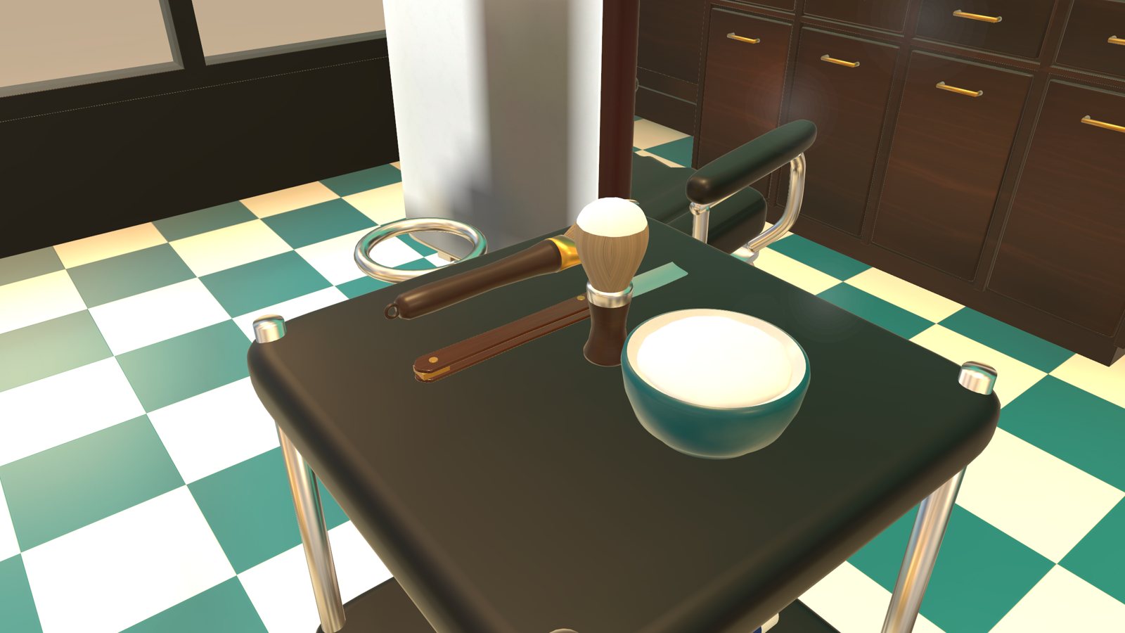 The shave kit: lather bowl, brush, straight razor and neck duster