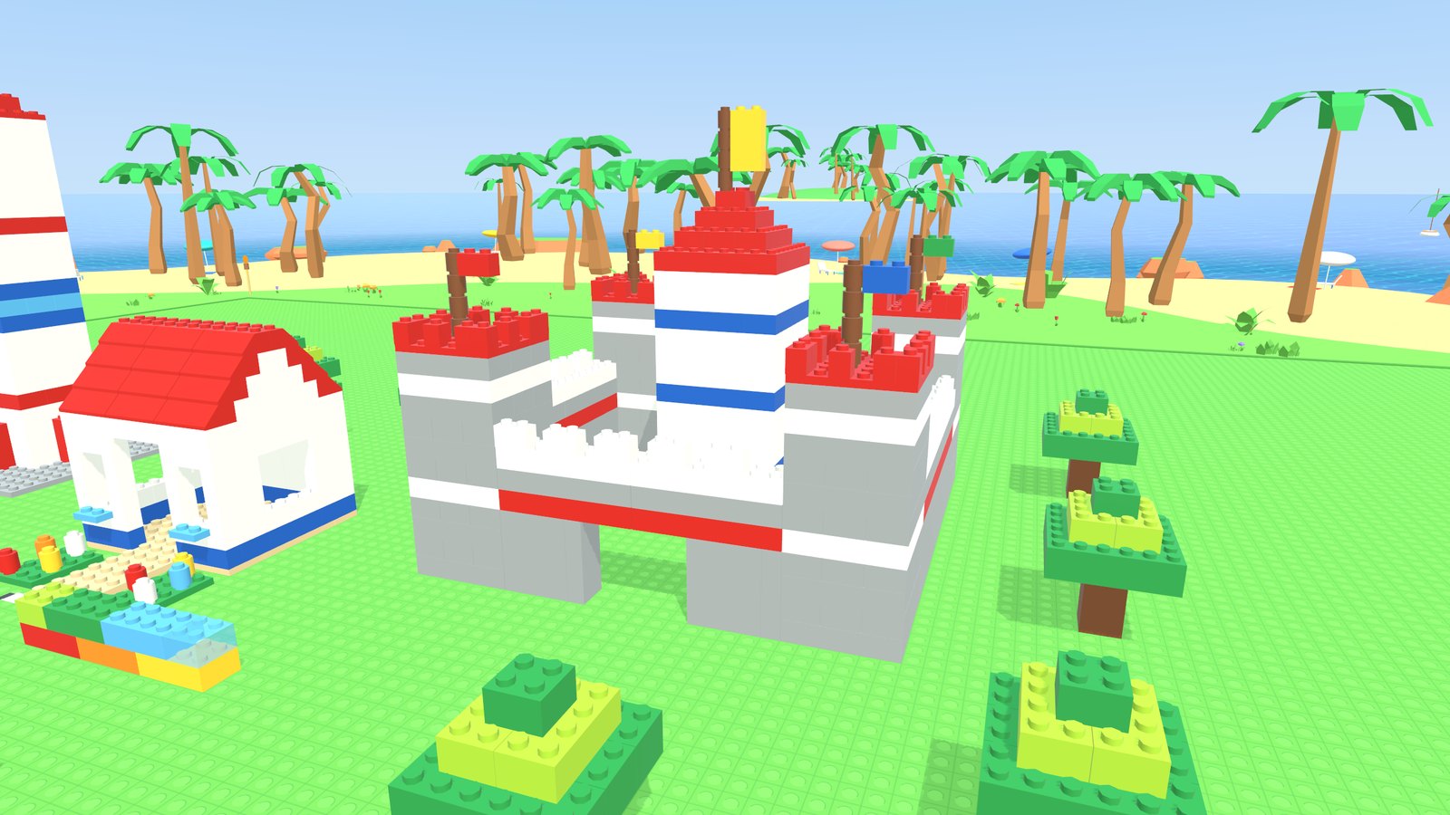 A brick castle on the plate with palms and the sea behind