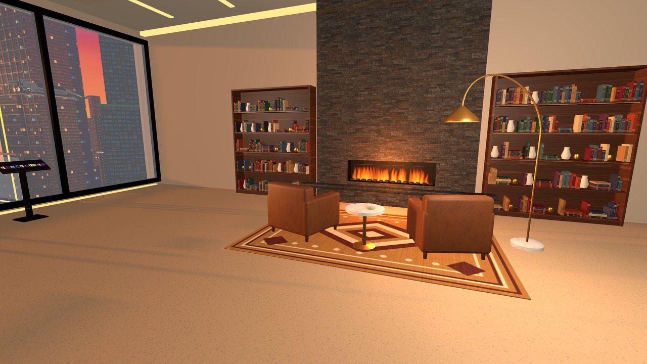 The fireplace lounge with bookcases and leather chairs
