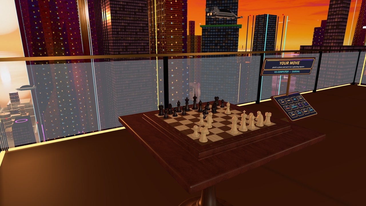 The balcony chess table against the sunset skyline