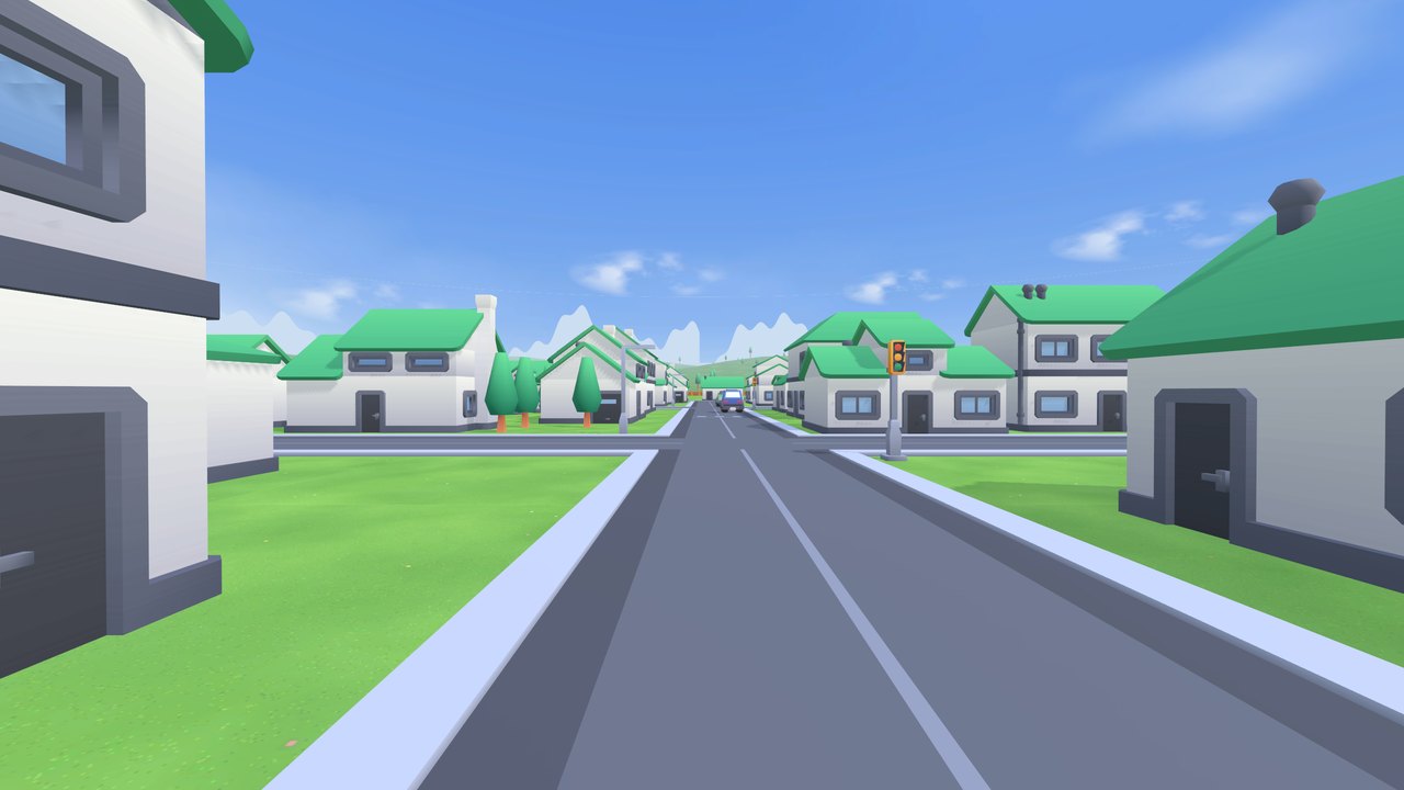 A street of homes in the Starter Town with a traffic light