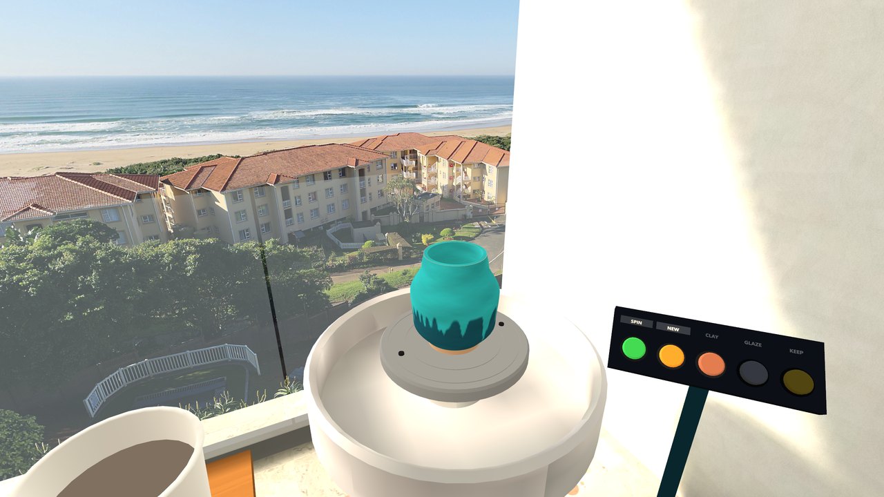 A glazed pot on the balcony wheel over the ocean