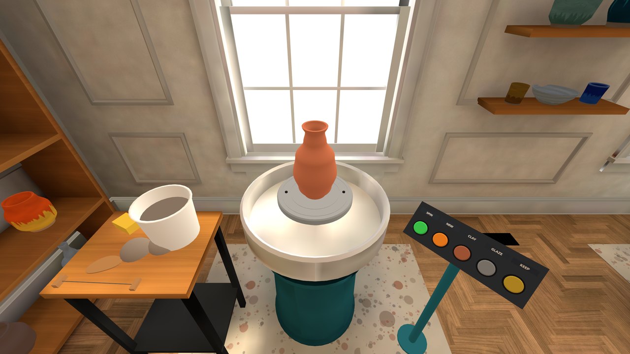 A terracotta vase on the wheel by the window