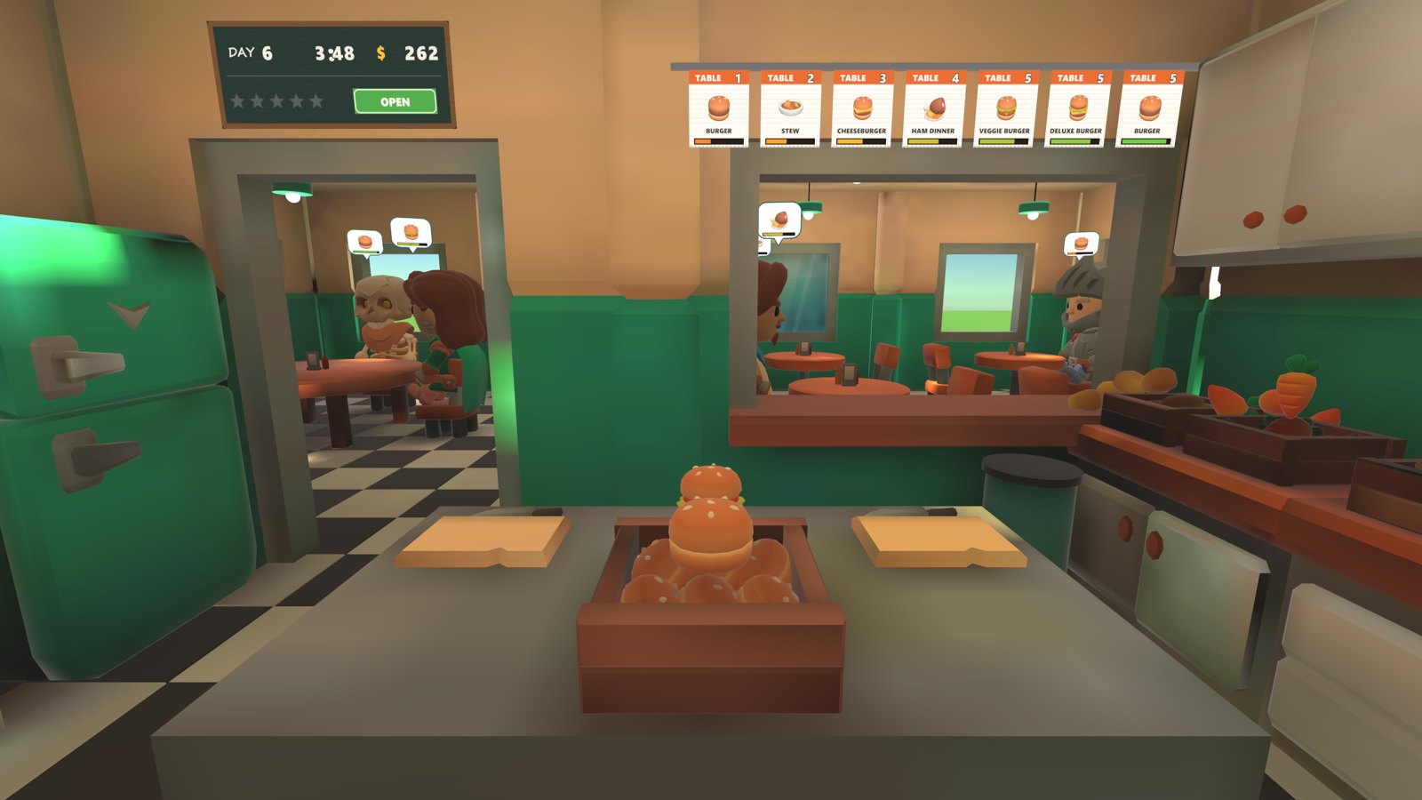 The kitchen with the ticket rail and diners through the pass window
