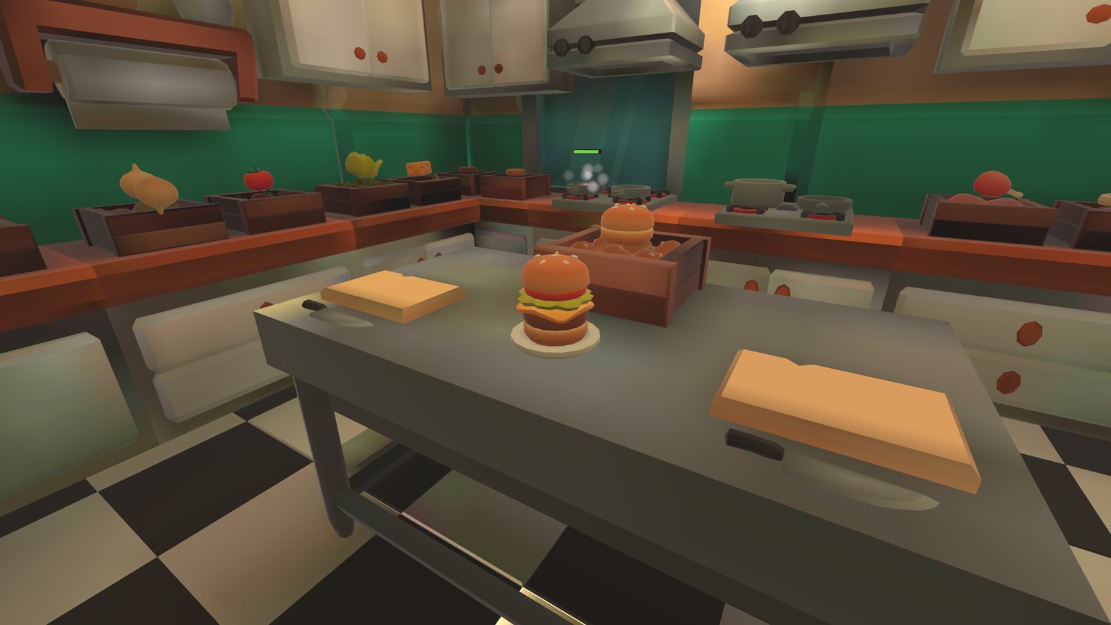 A deluxe burger stacked on a plate on the prep island
