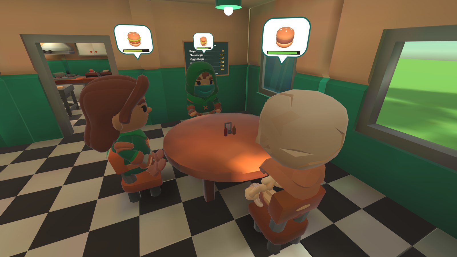 Customers at the big round table with order bubbles
