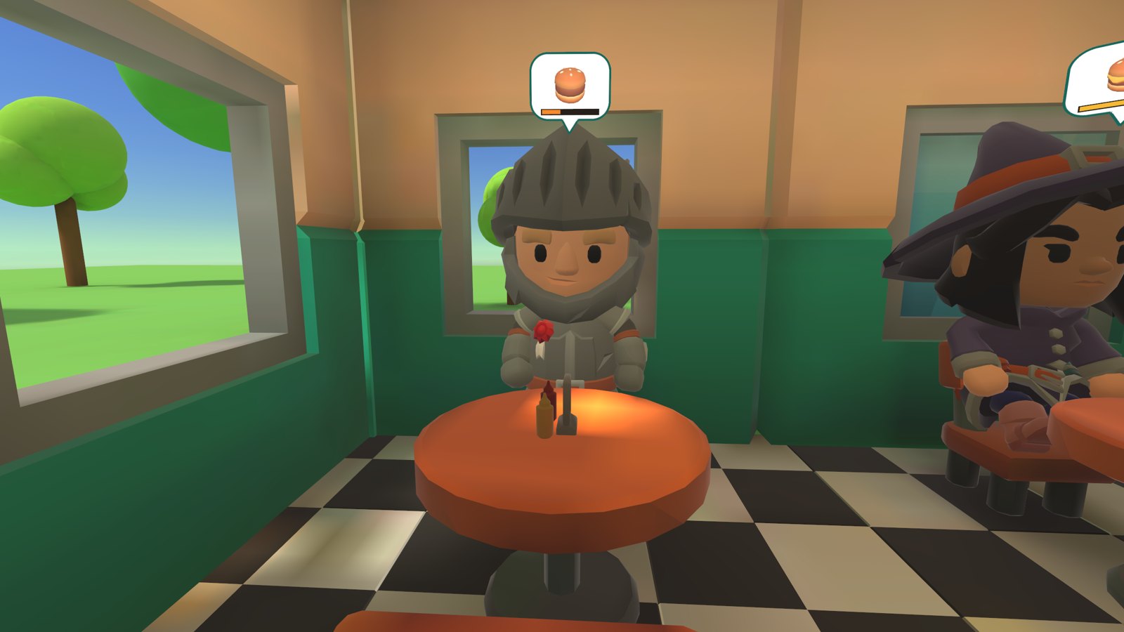 A knight waiting for his burger