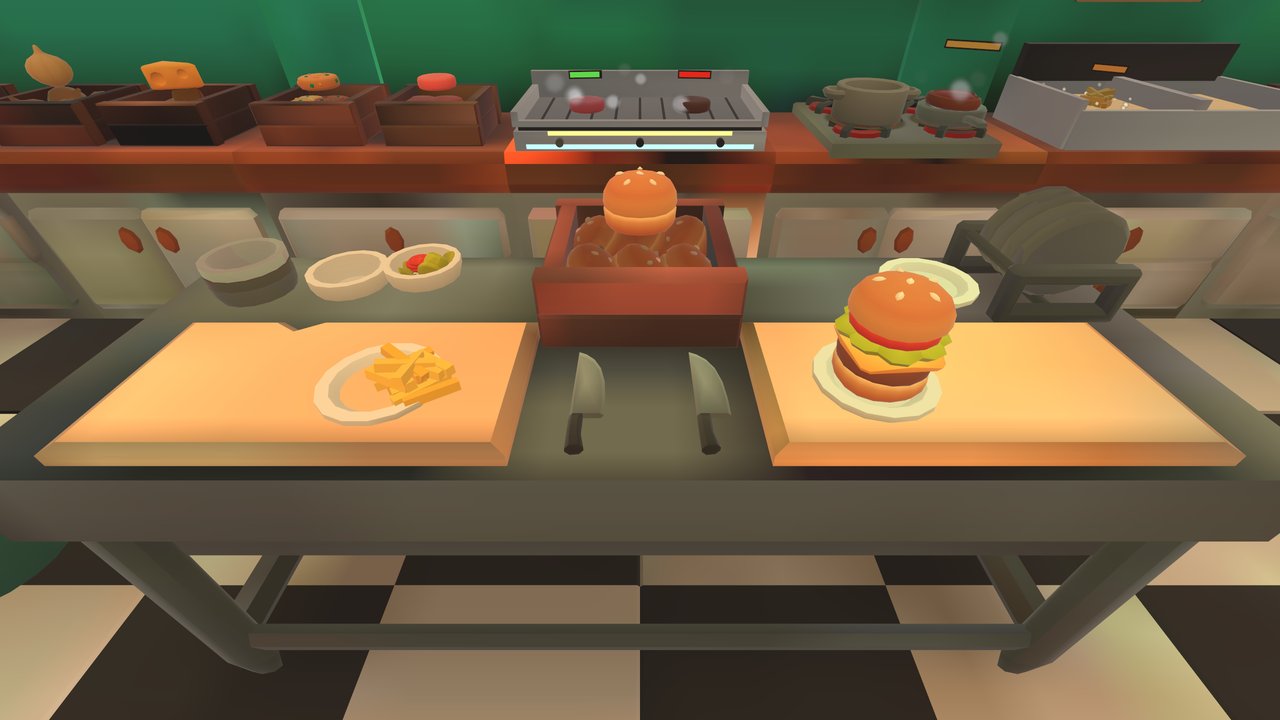 A deluxe burger and fries on the big cutting boards