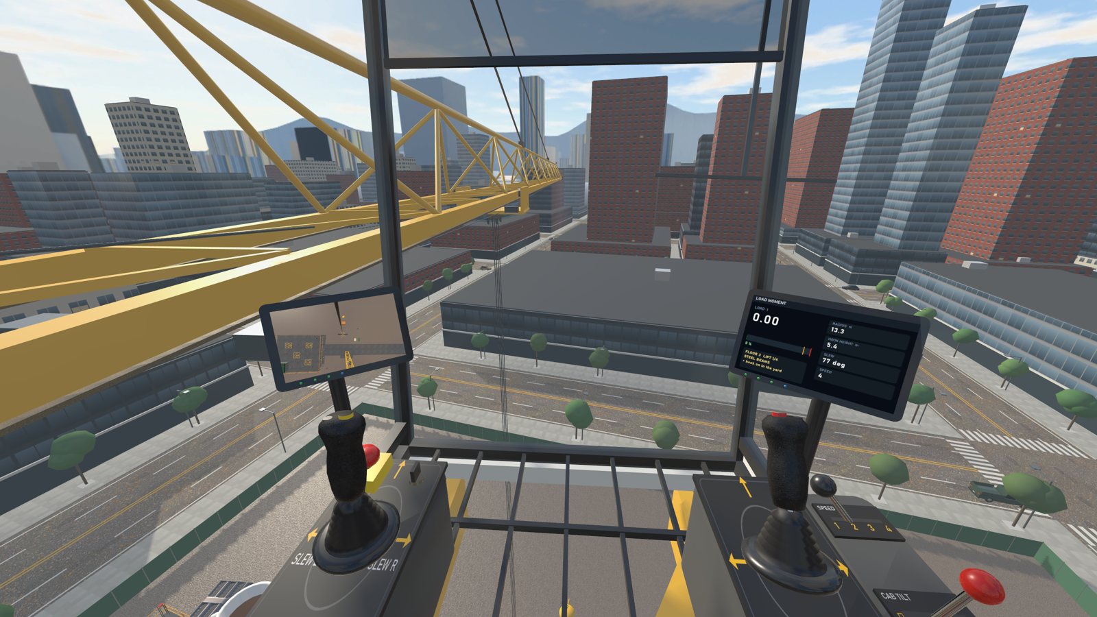 The operator's view from the crane cab over the city