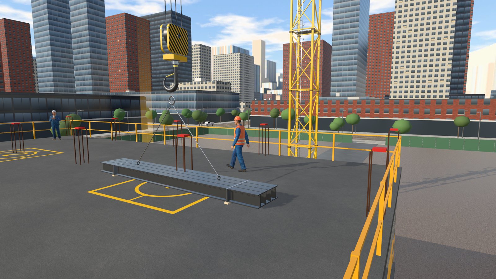 Landing steel beams on the deck beside the banksman