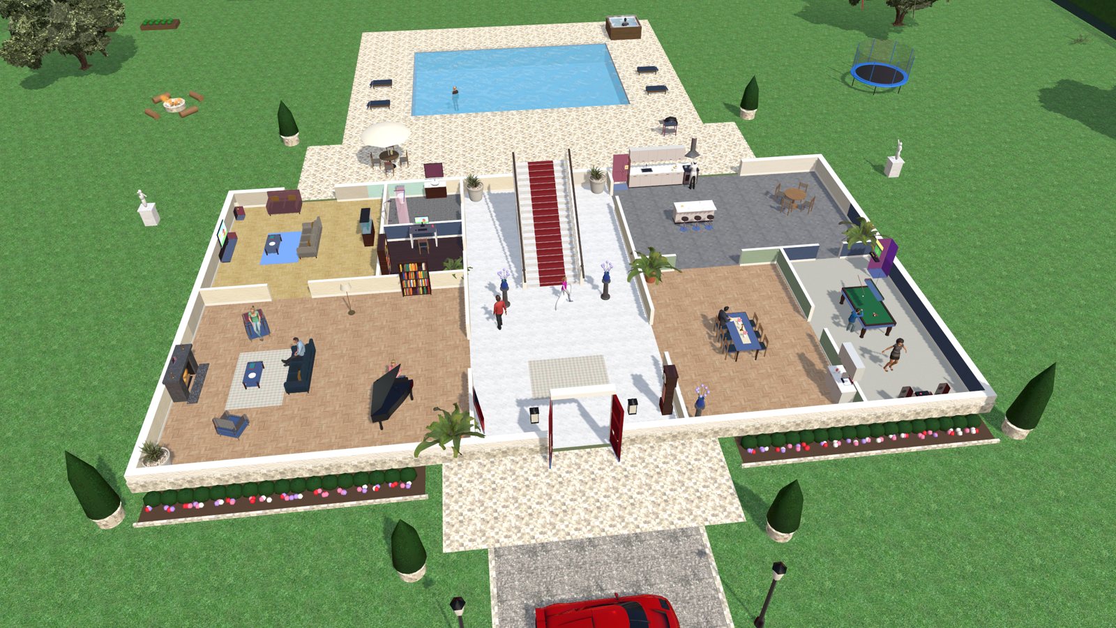 The mansion from above with the upper storey lifted off, every room furnished