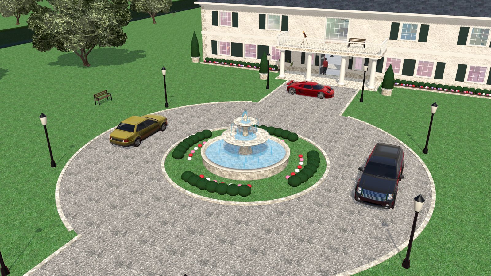 The round-about drive and fountain in front of the mansion