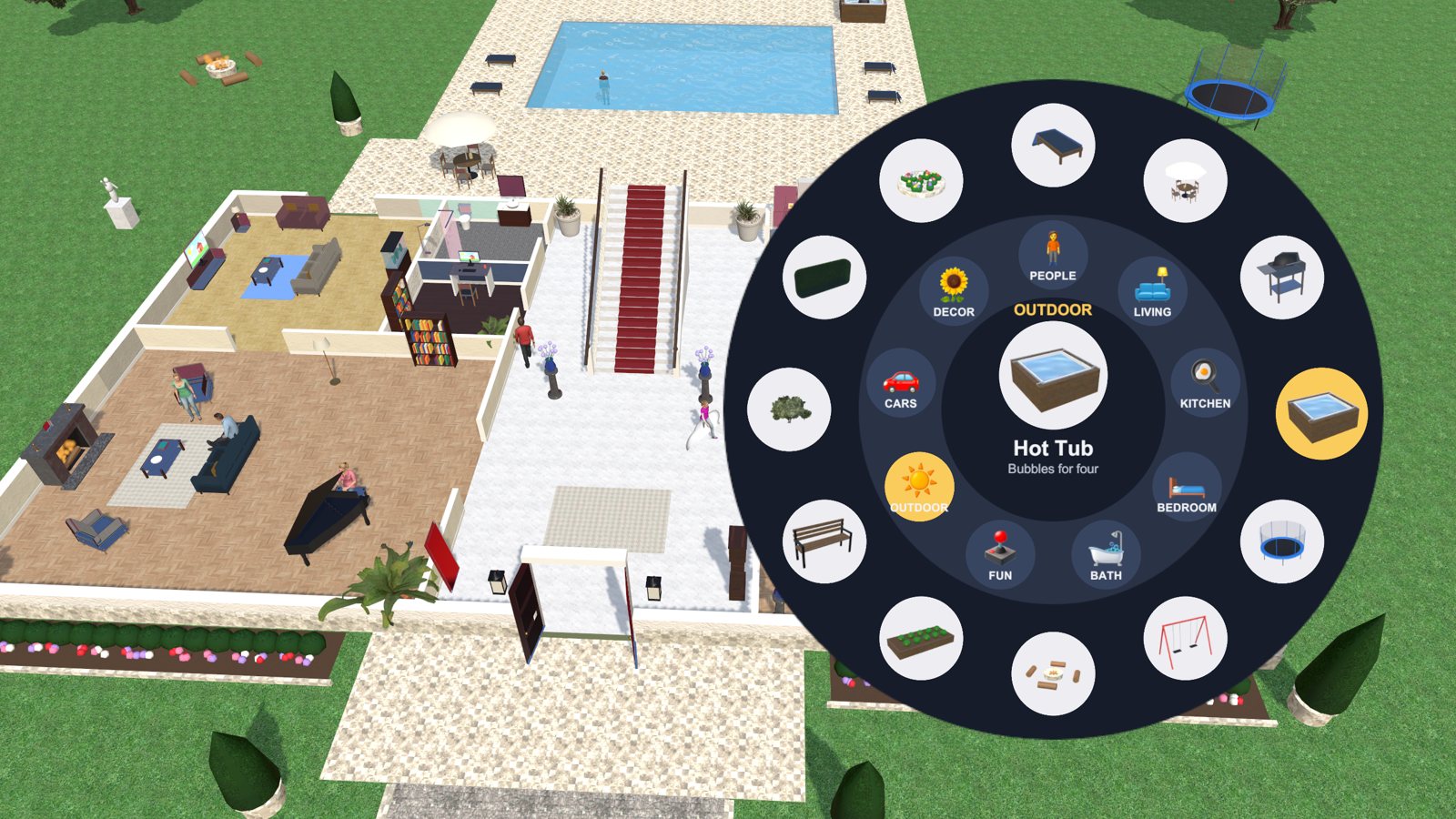 The circle menu open over the dollhouse