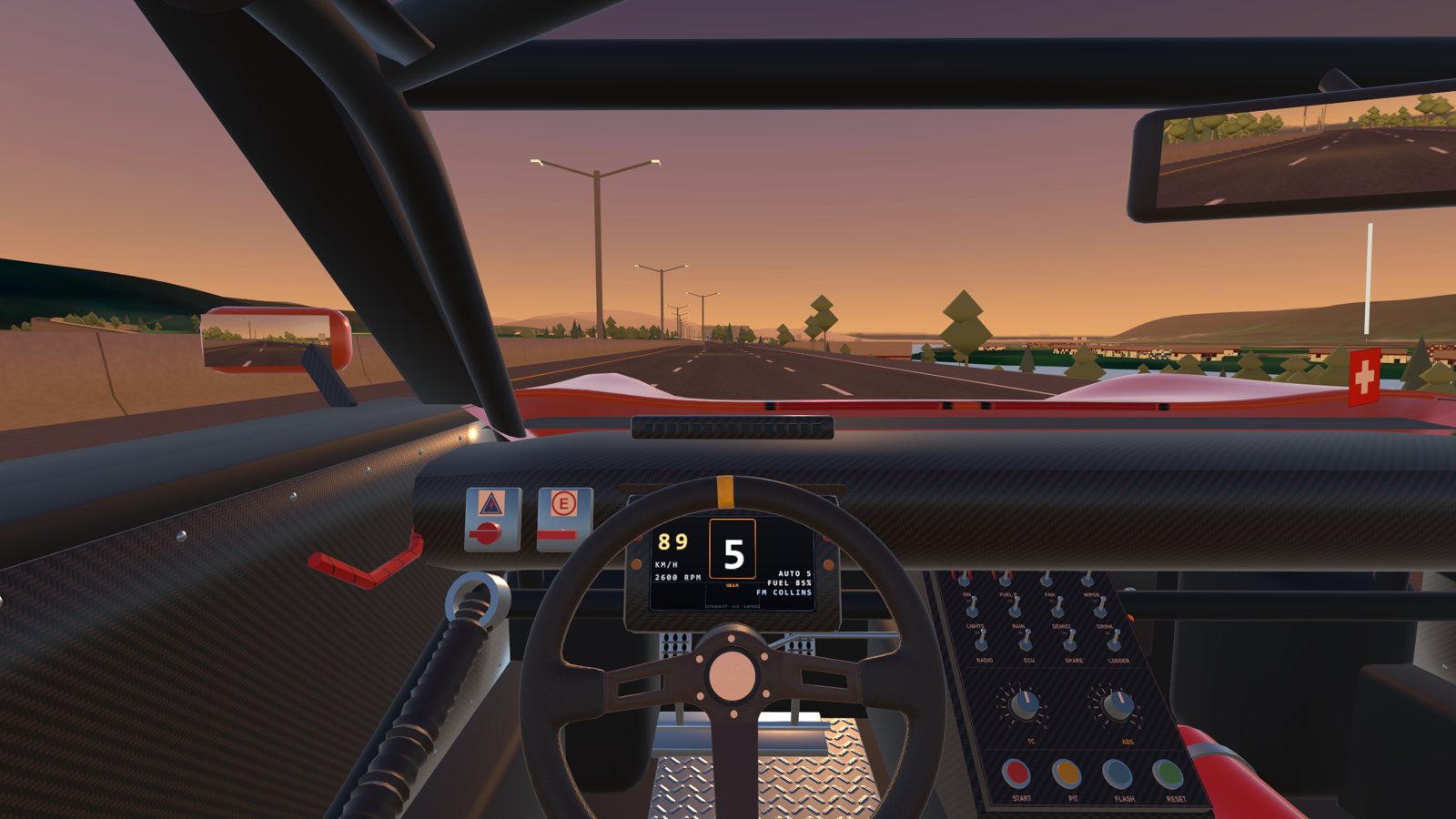 The driver's view on Route 3 along the Rhine at sunset