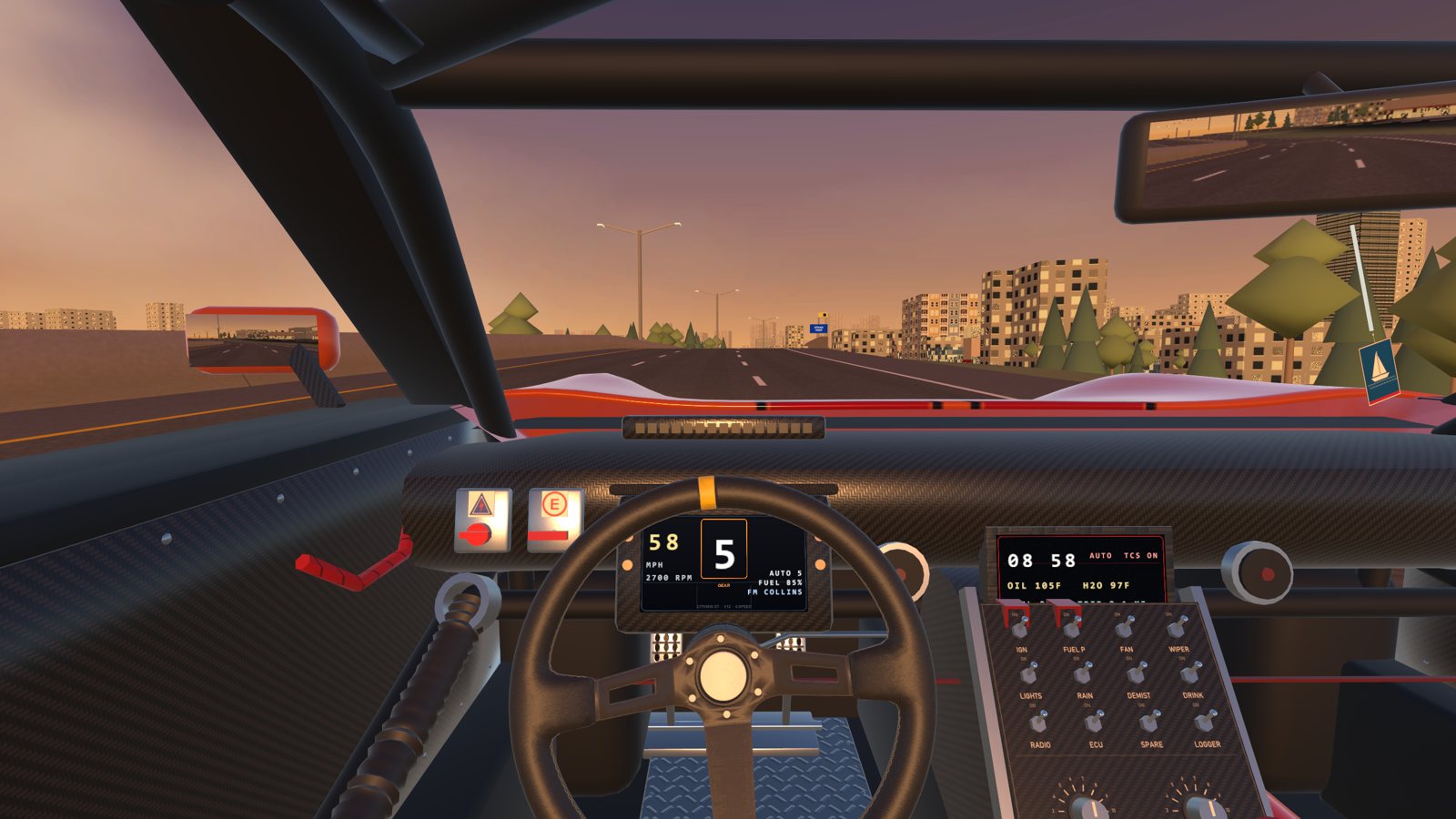 The driver's view on Storrow Drive at sunset