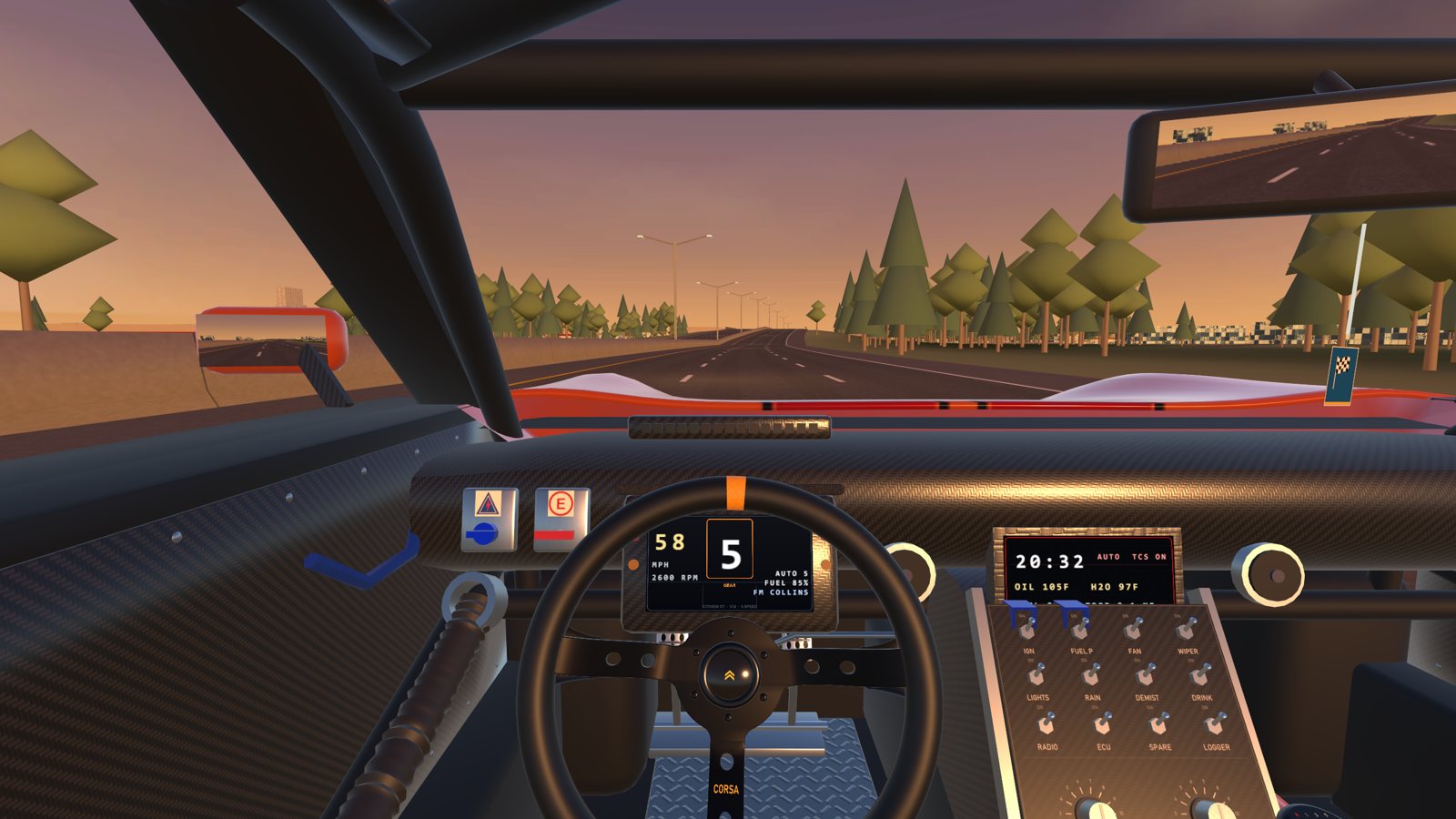 The driver's view on the I-70 at sunset