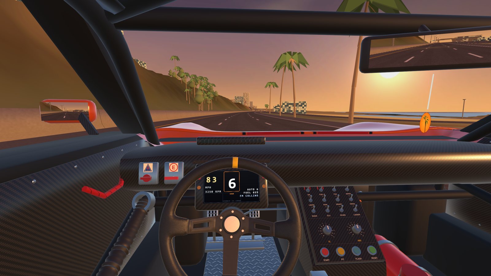 The driver's view down the Pacific Coast Highway at sunset