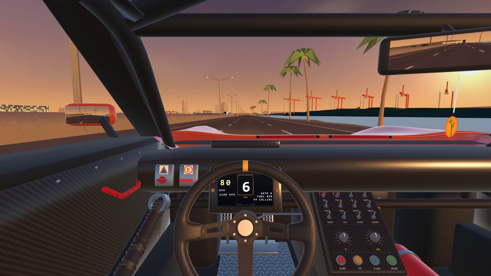 The driver's view across Biscayne Bay at sunset