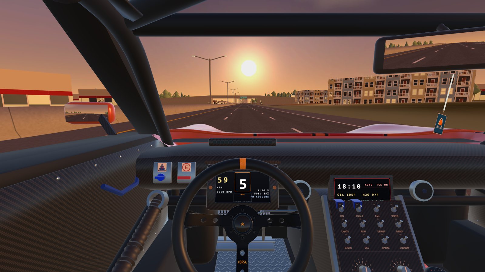 The driver's view on the I-70 at sunset