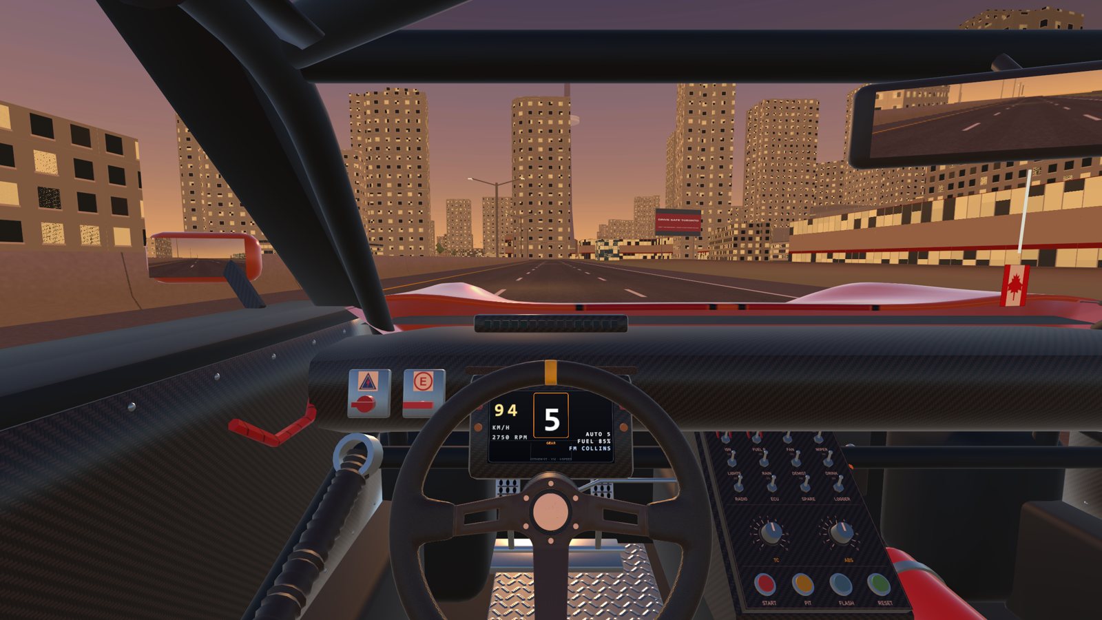 The driver's view on Lake Shore Boulevard at sunset