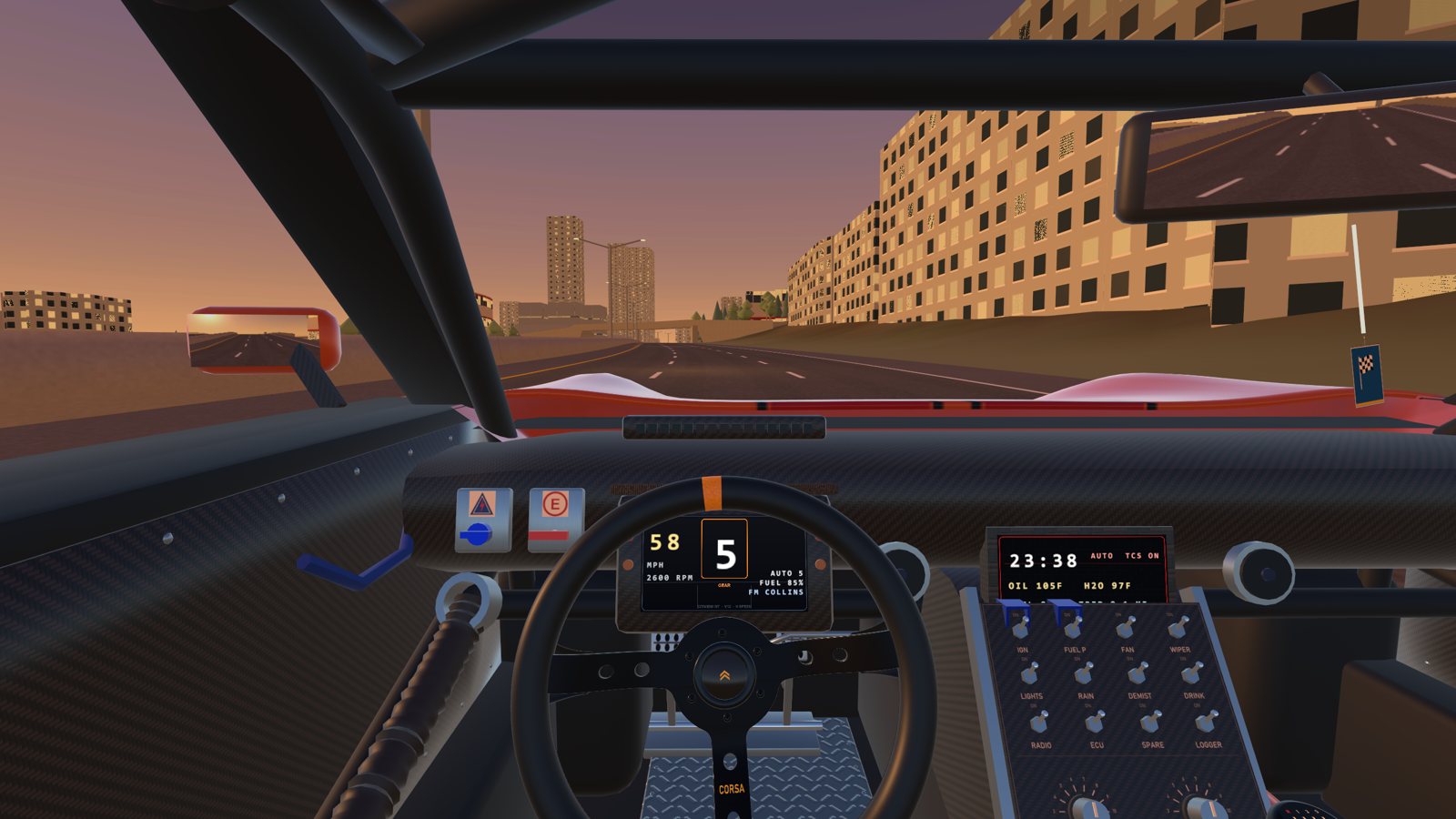 The driver's view on the I-5 at sunset