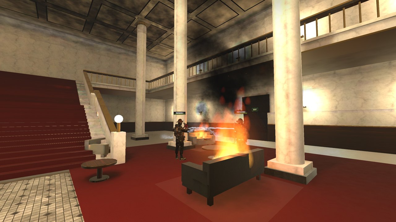 Two hoses on the burning armchair in the Grand Atrium