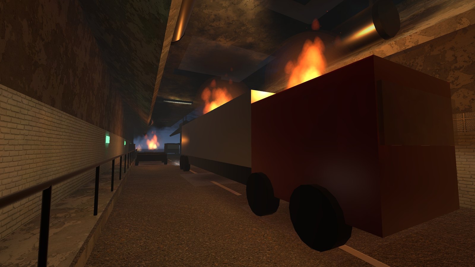 An articulated lorry burning in a road tunnel
