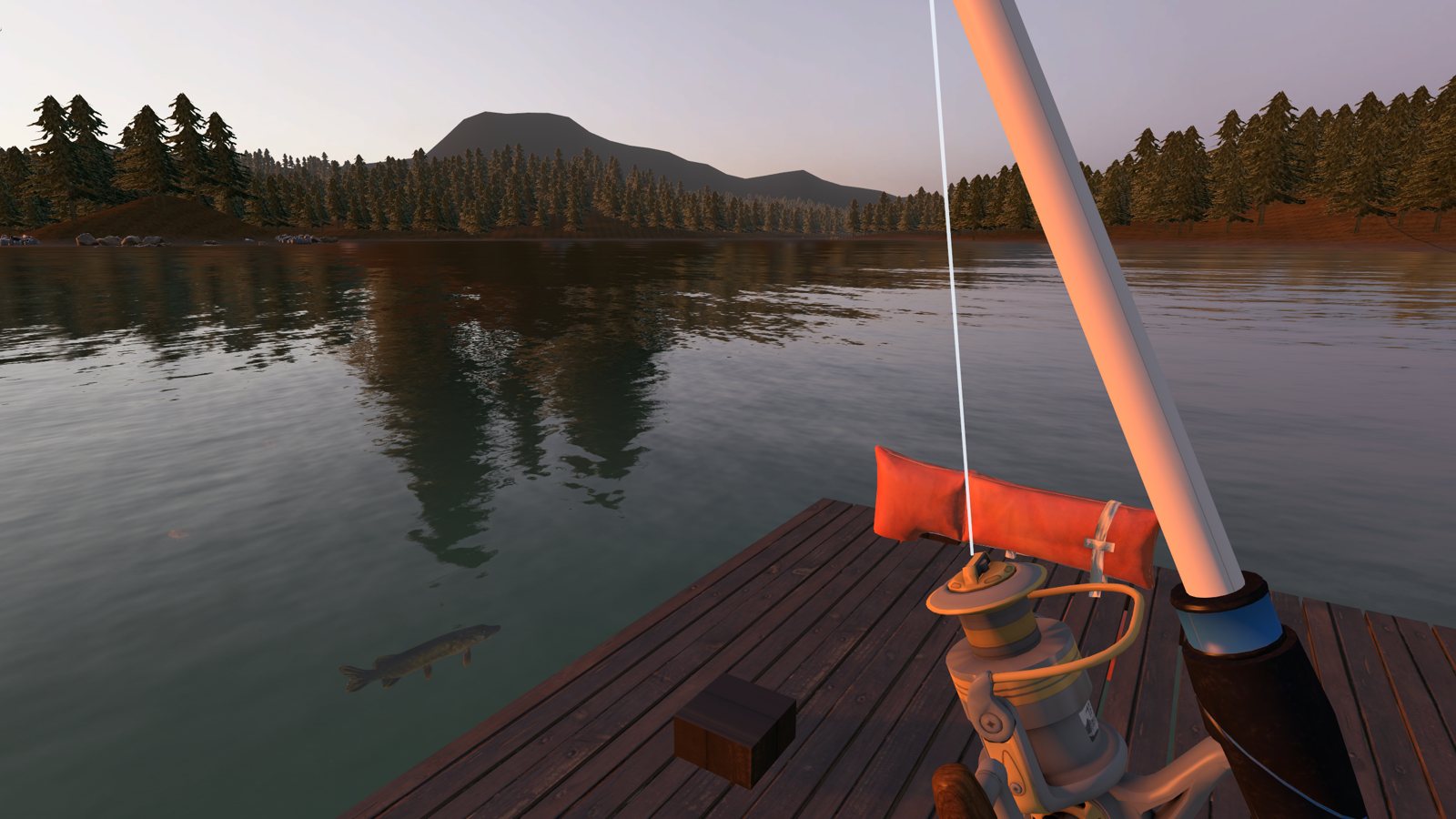 The rod and reel in your hand on the dock at golden hour
