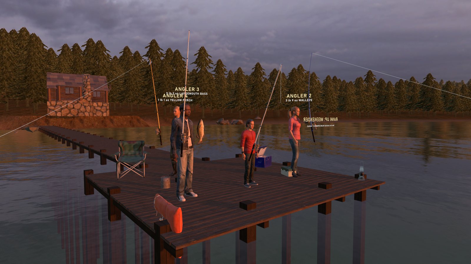 Four anglers fishing together on the cabin dock at golden hour