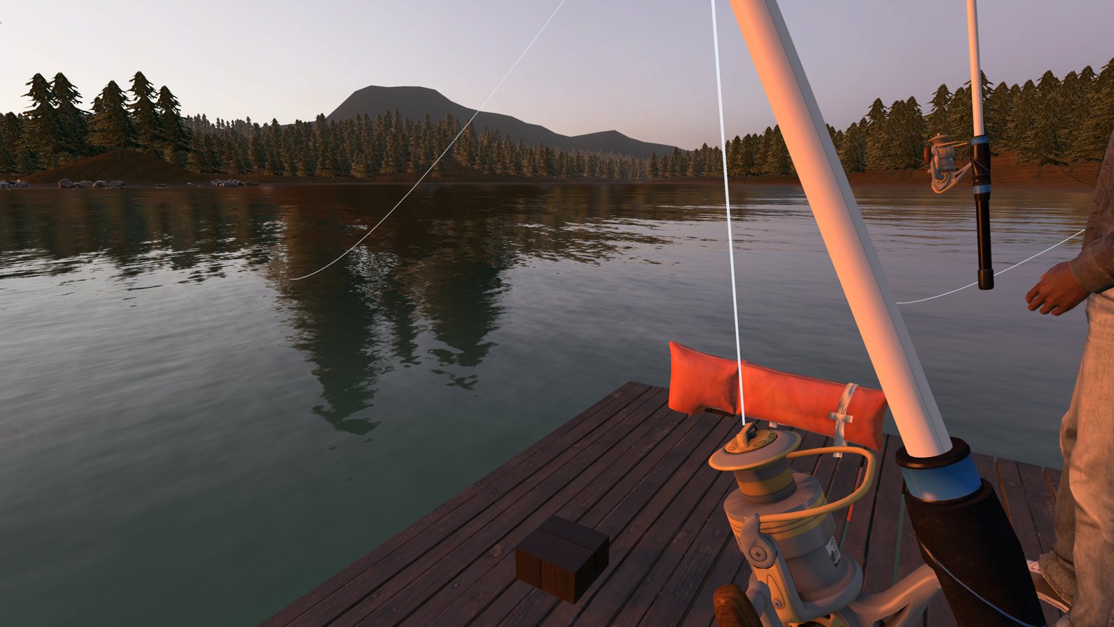The rod and reel in your hand on the dock
