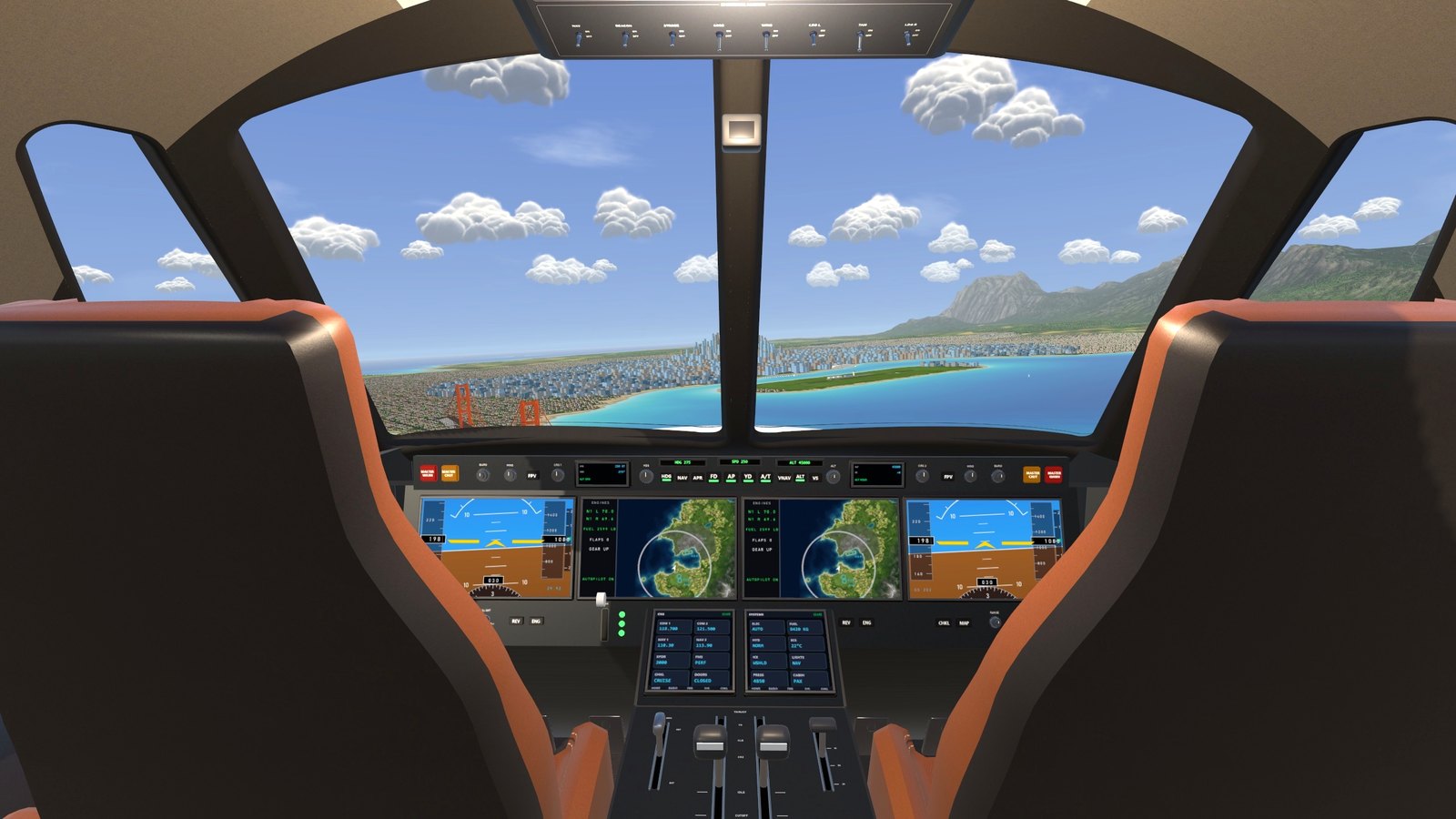 The private jet's glass cockpit with the bridge and the city ahead