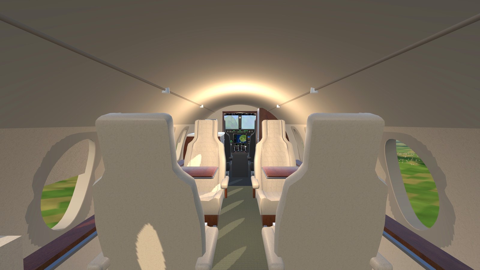 The business jet cabin with leather seats