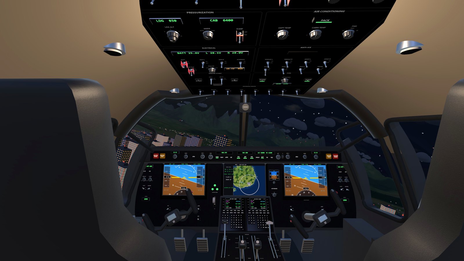 The jet cockpit at night over the city lights