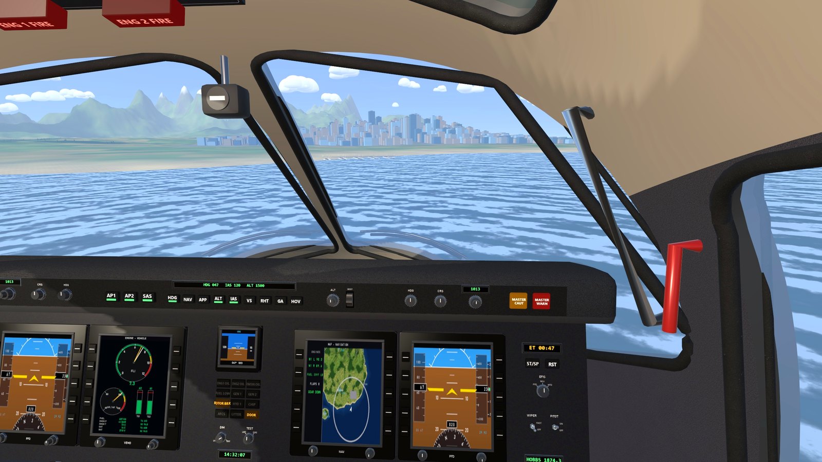 The helicopter cockpit low over the sea toward the city