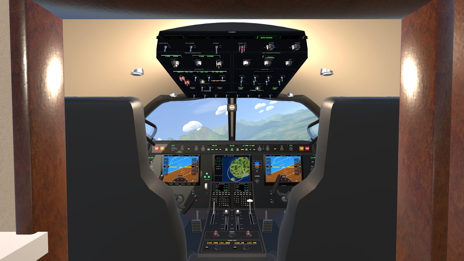 The jet cockpit seen from the cabin door