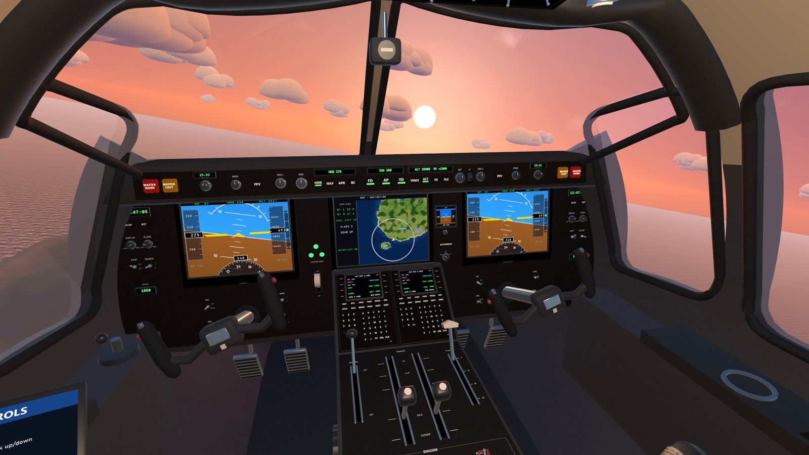 The private jet's glass cockpit at sunset