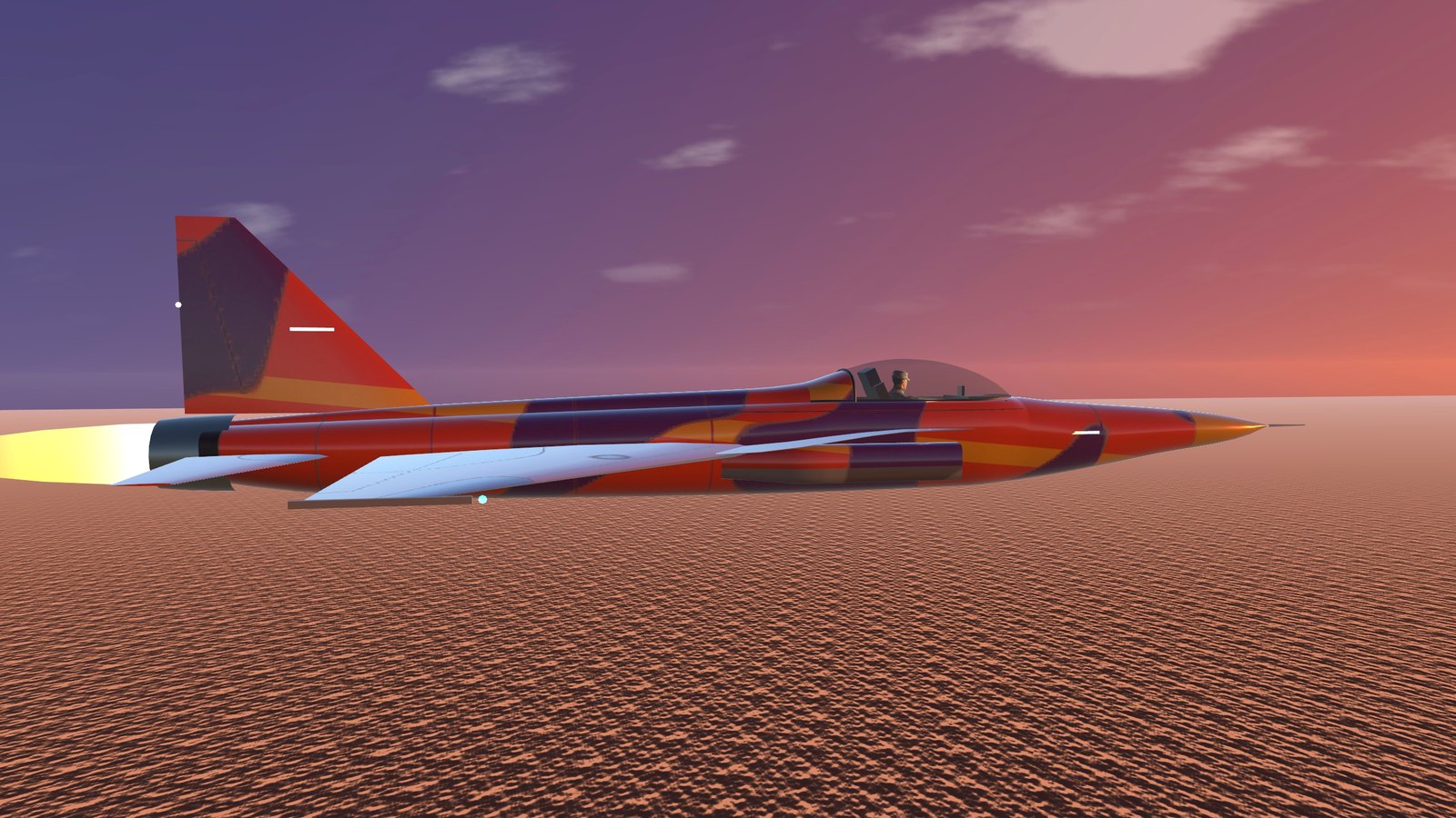 The fighter jet in its sunset paint