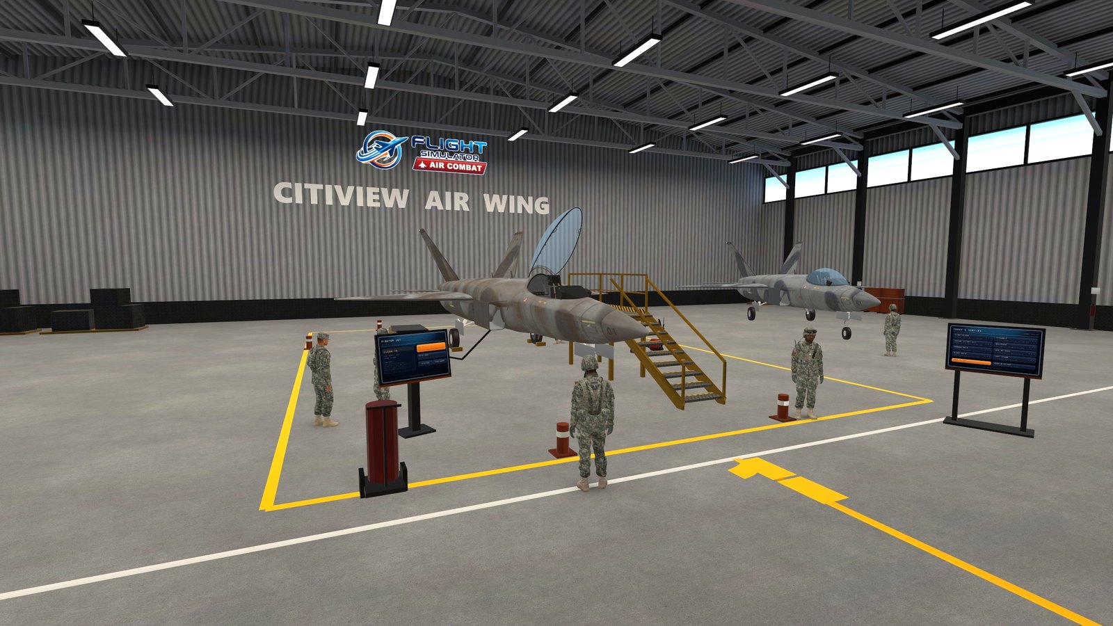 The squadron hangar with the ground crew around the jet
