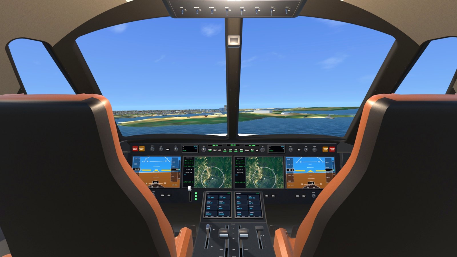 The private jet's flight deck over Mobile Bay