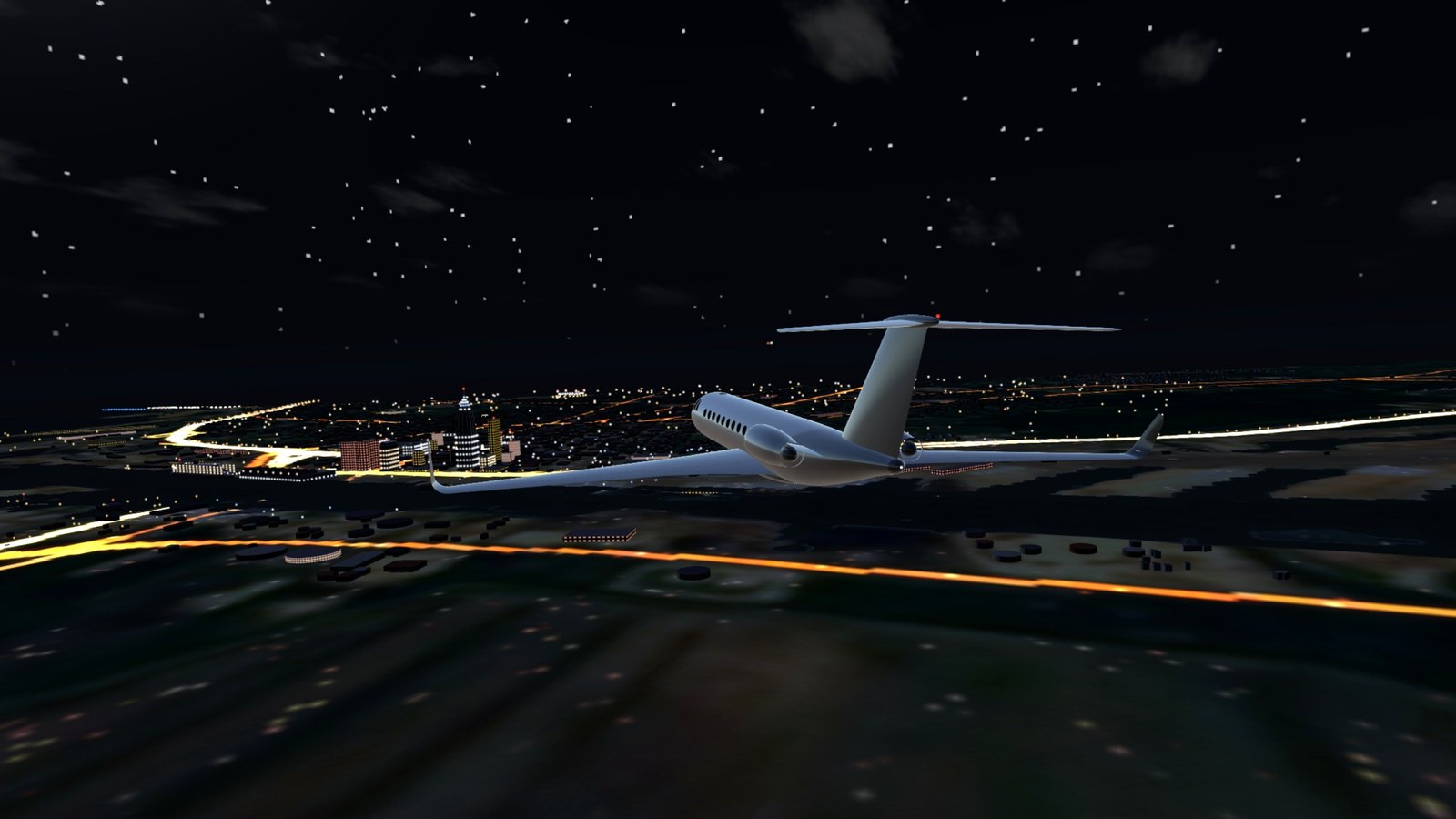 The jet over the city at night