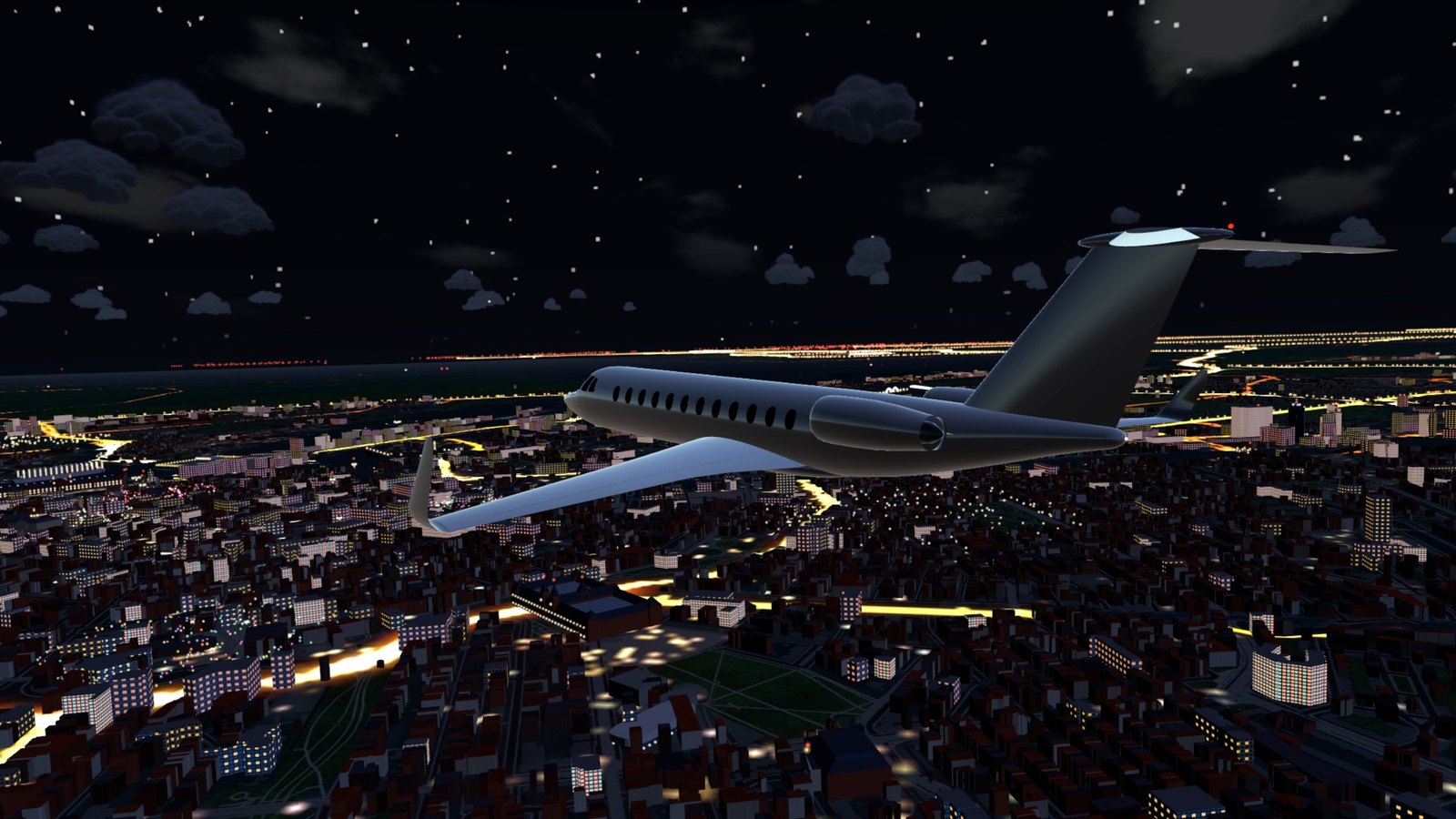 A long-range jet over the lit canals at night