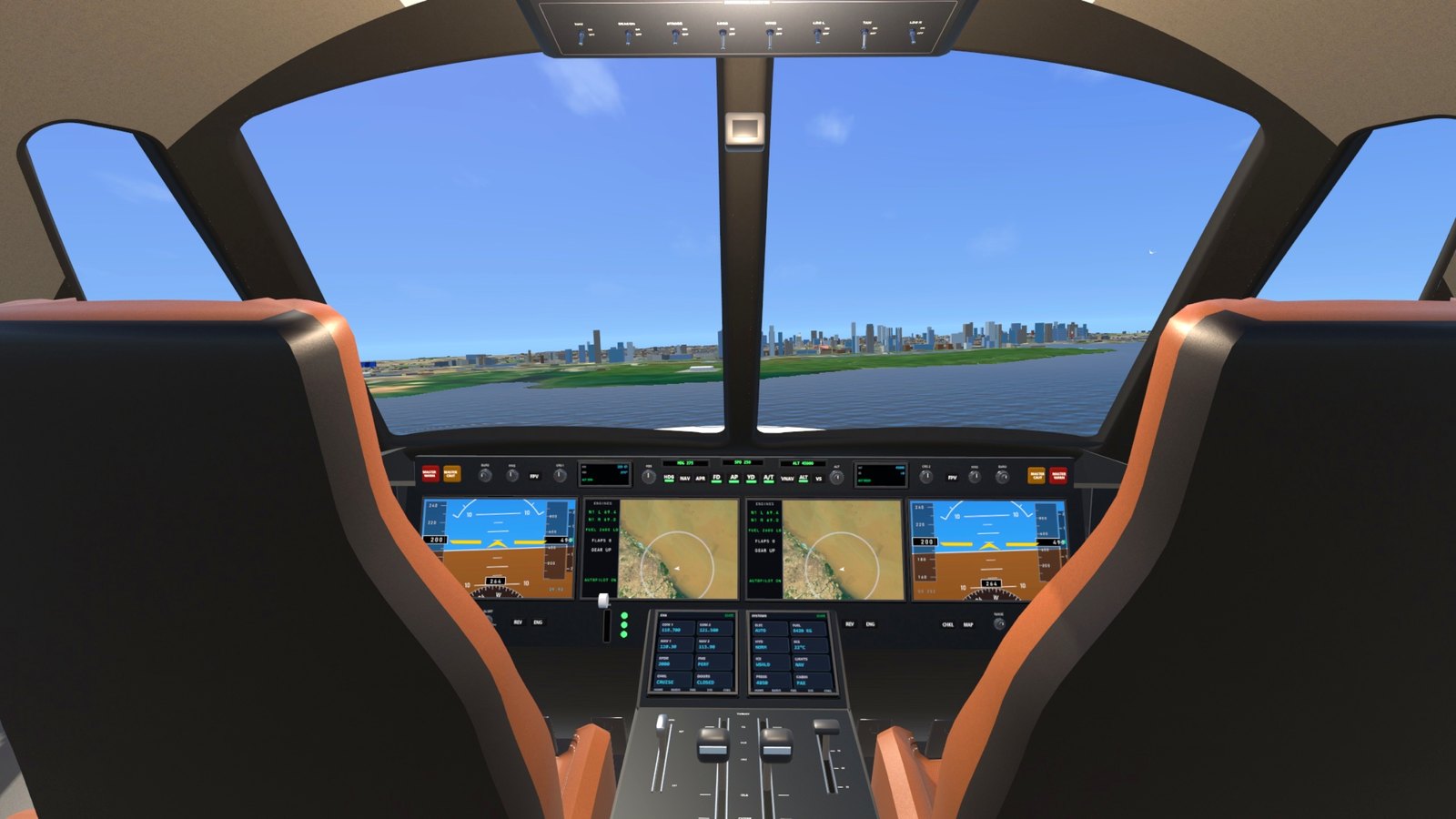 The private jet's flight deck in from the river
