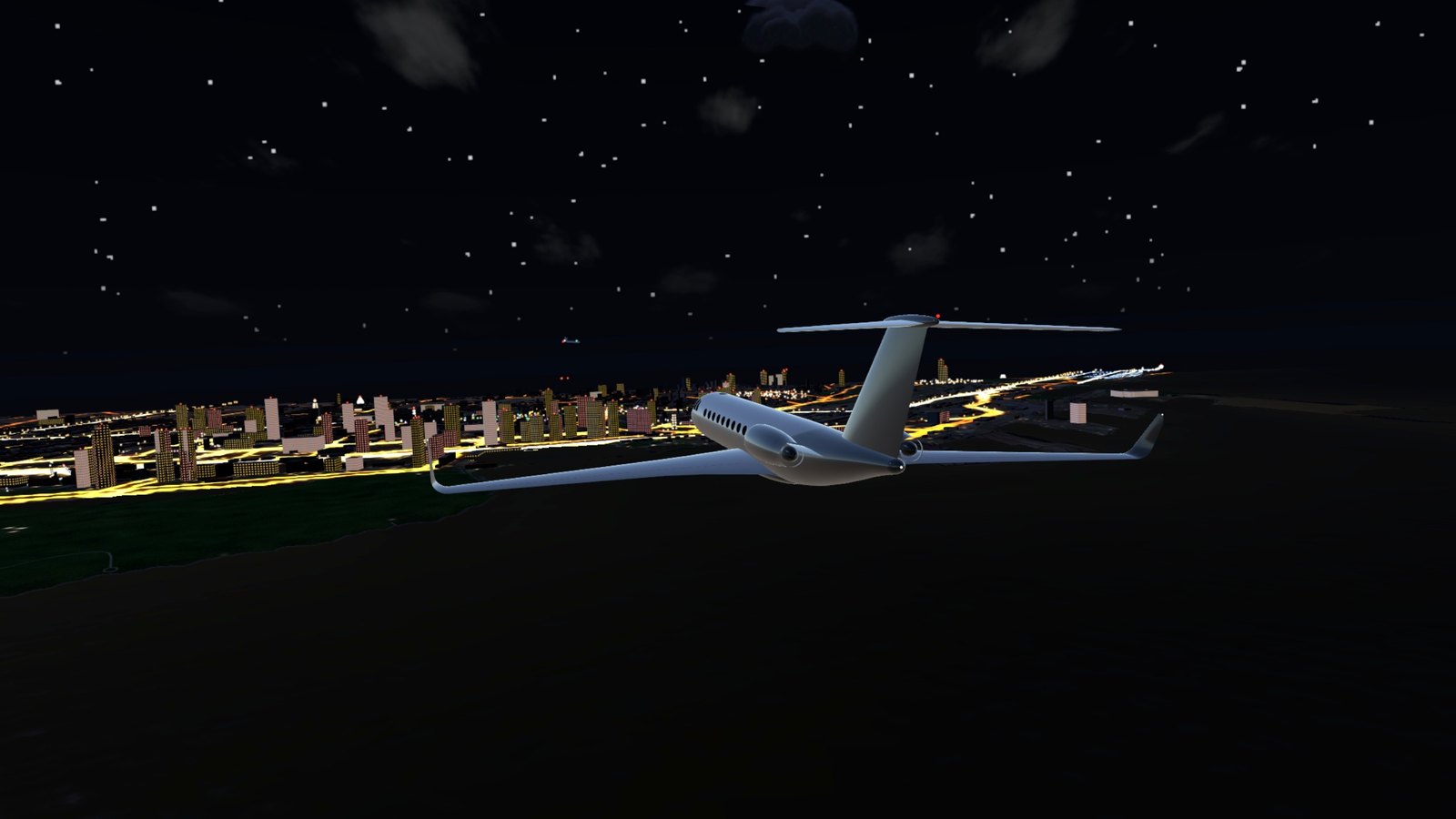 The jet over the city at night
