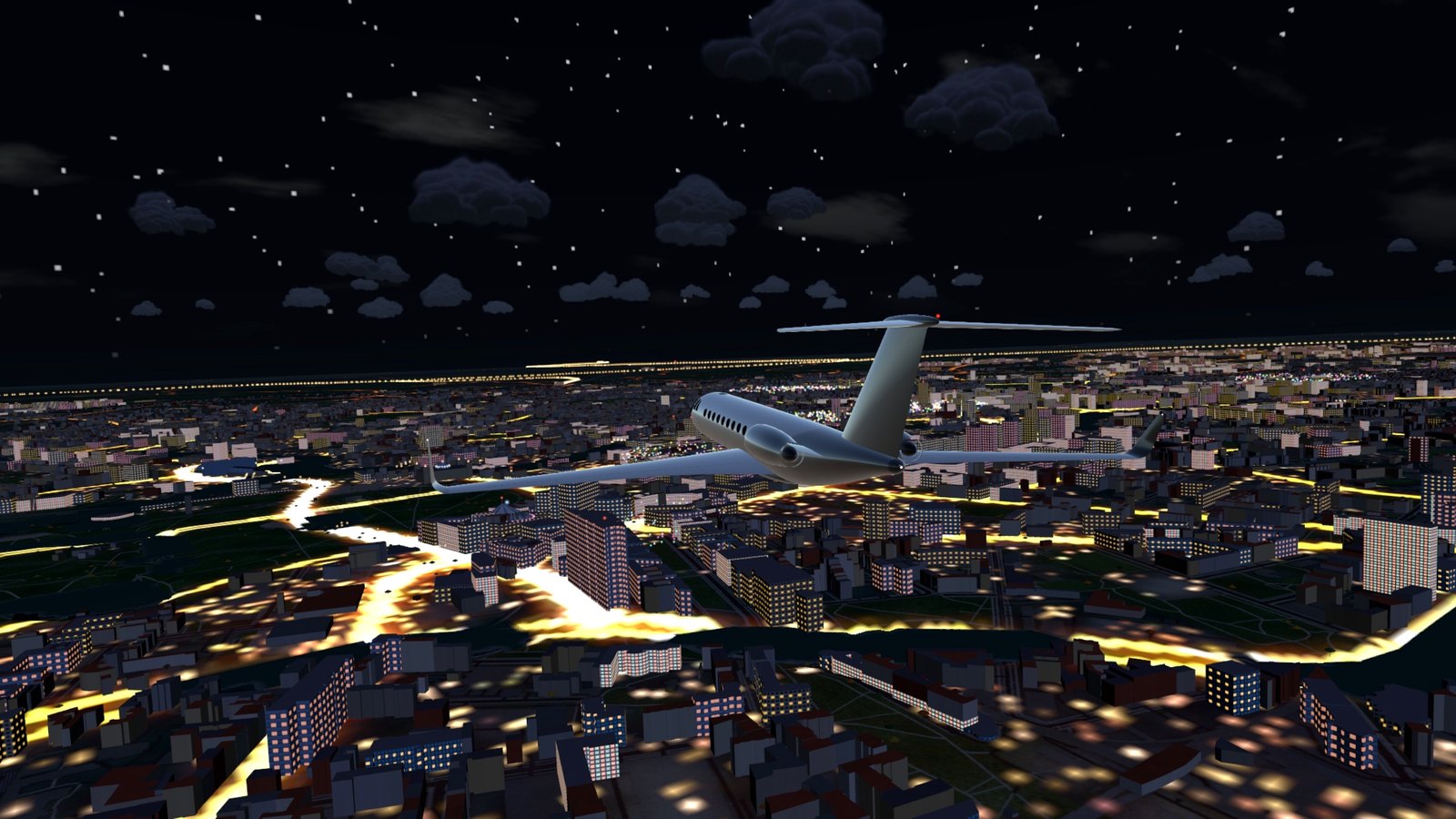 A private jet over Potsdamer Platz's lit towers at night