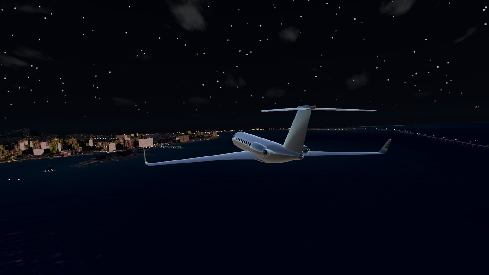 The jet over the city at night