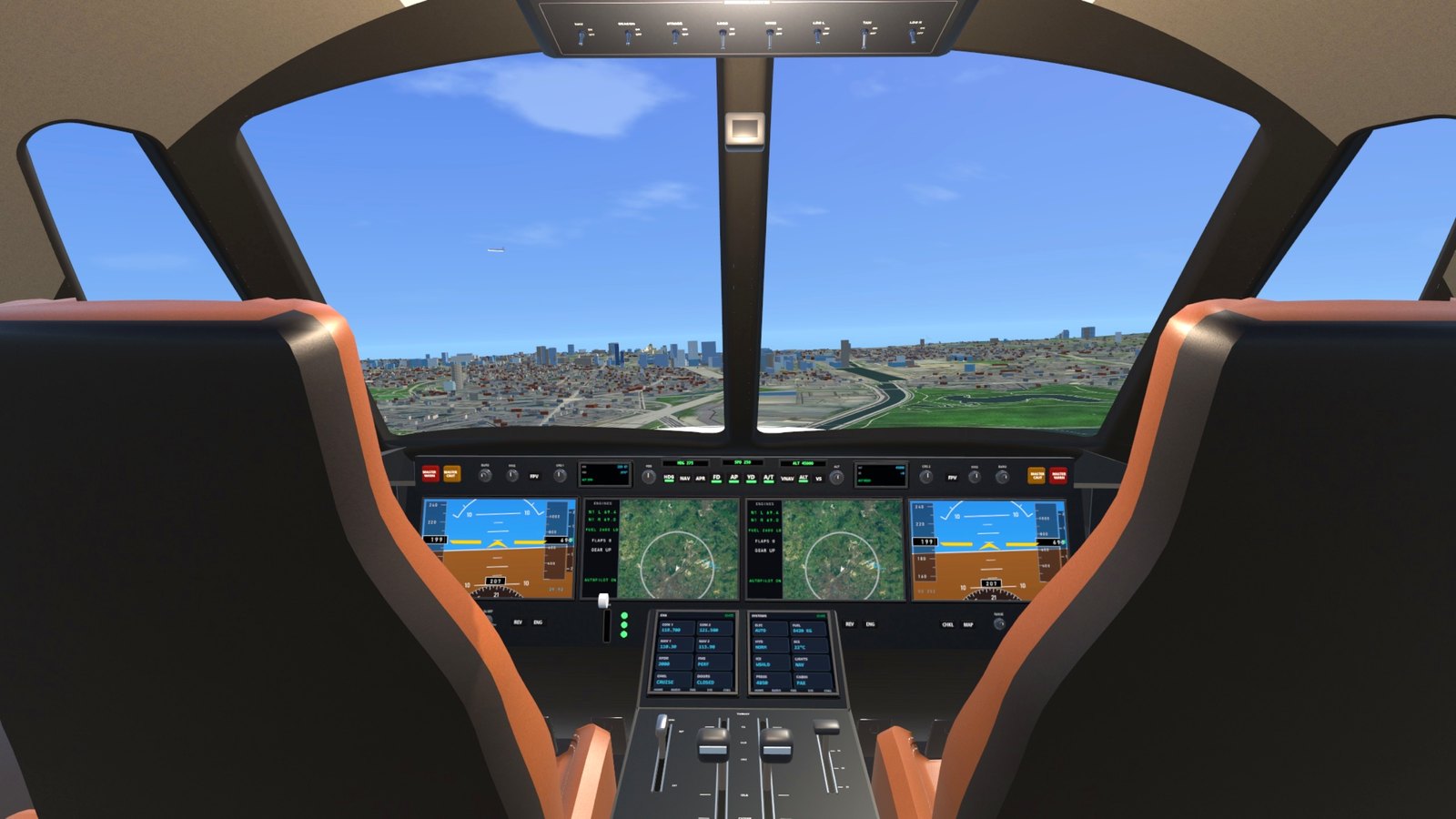 The private jet's flight deck over Brussels