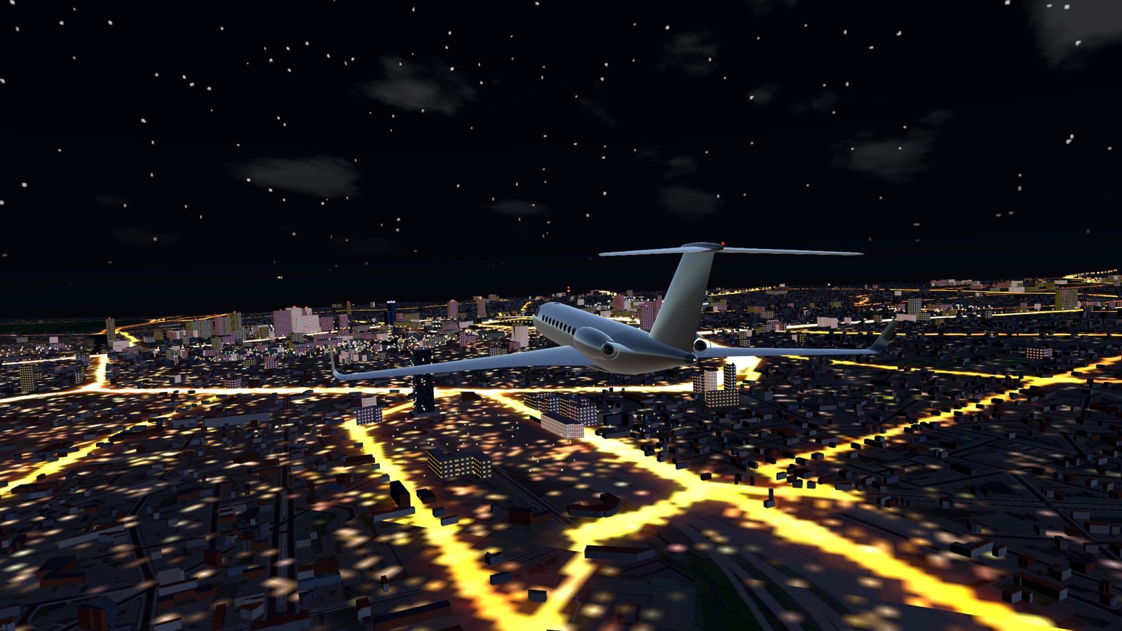 The jet over the city at night